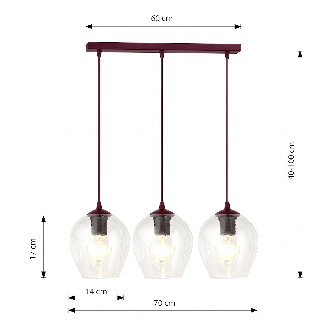 Schéma coté de la suspension avec dimensions en centimètres, largeur et hauteur