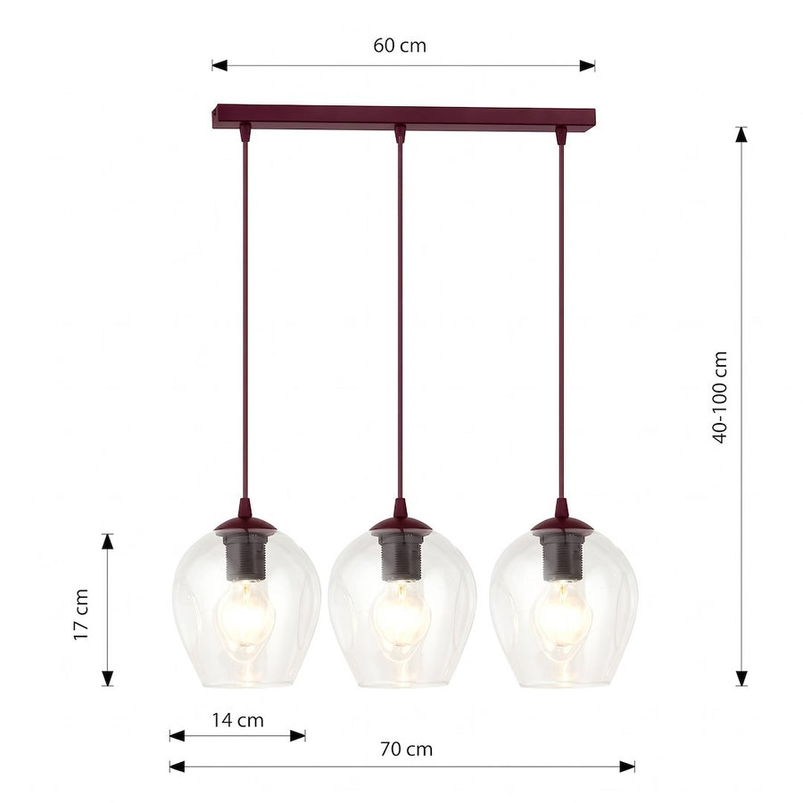 Schéma coté de la suspension avec dimensions en centimètres, largeur et hauteur