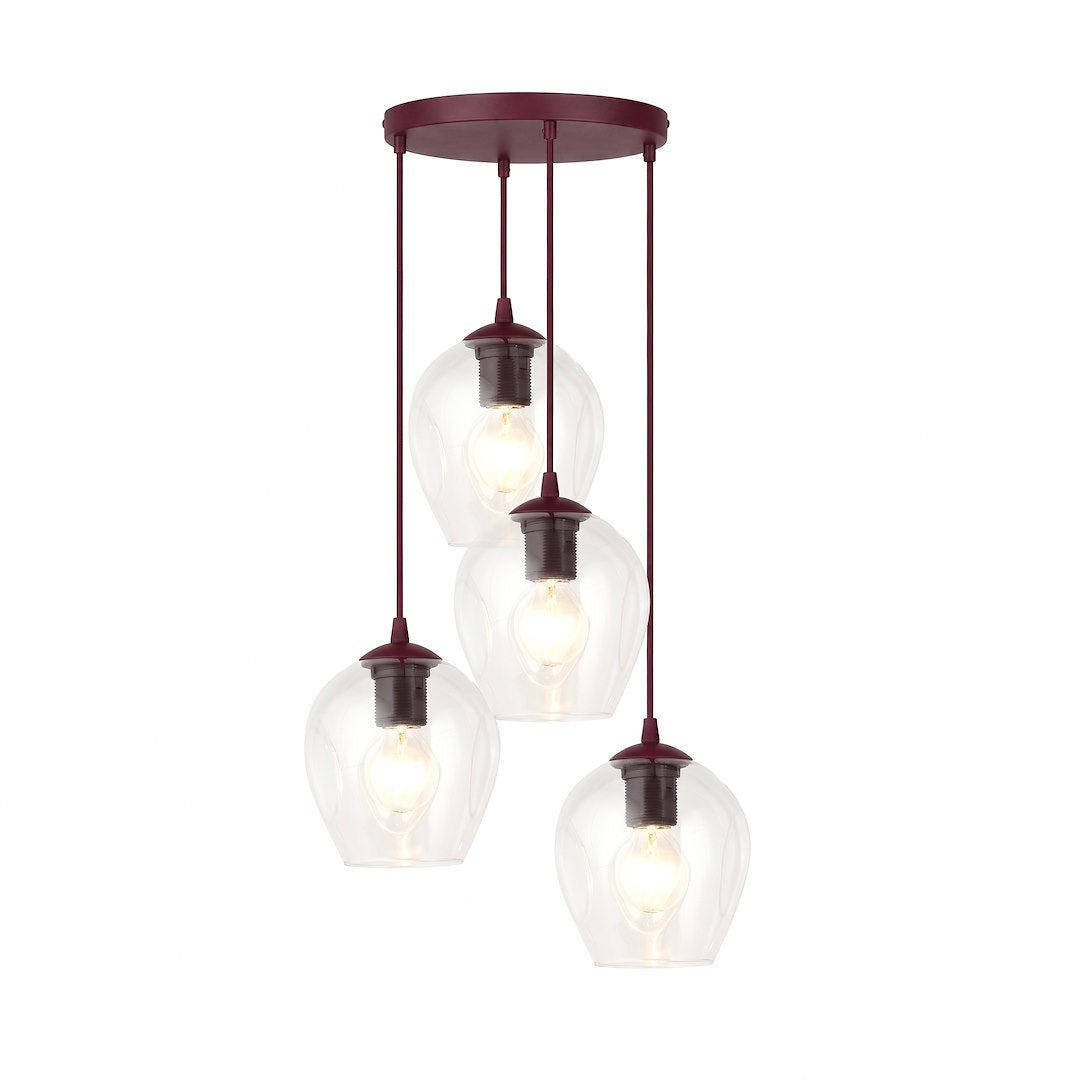 Vue de produit sur fond blanc, quatre suspensions décalées en verre transparent et fil bordeaux