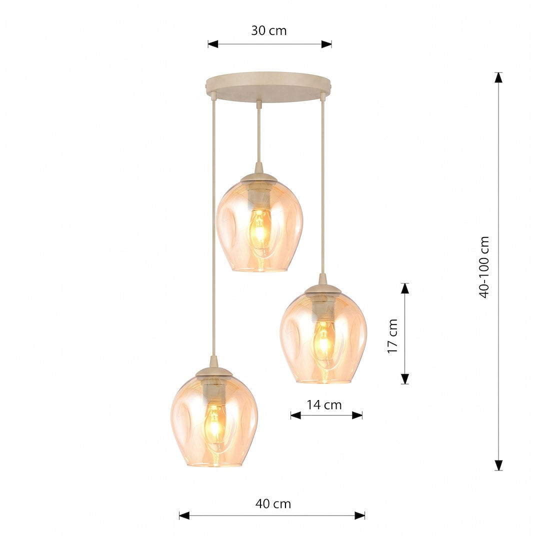 Schéma de dimensions du luminaire avec hauteur réglable et diamètre des globes en verre