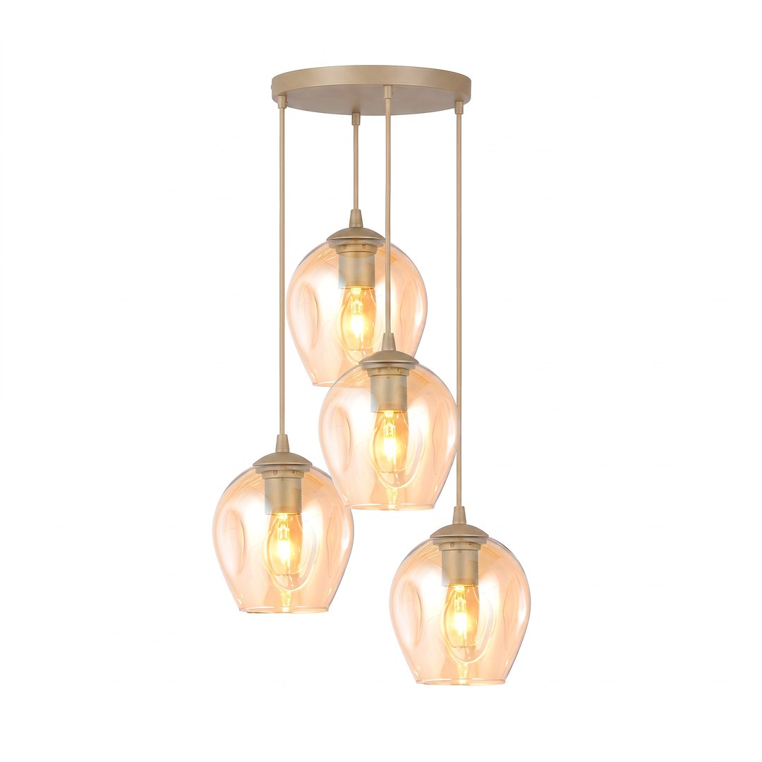 Vue de face du luminaire sur fond blanc, quatre globes en verre ambré suspendus