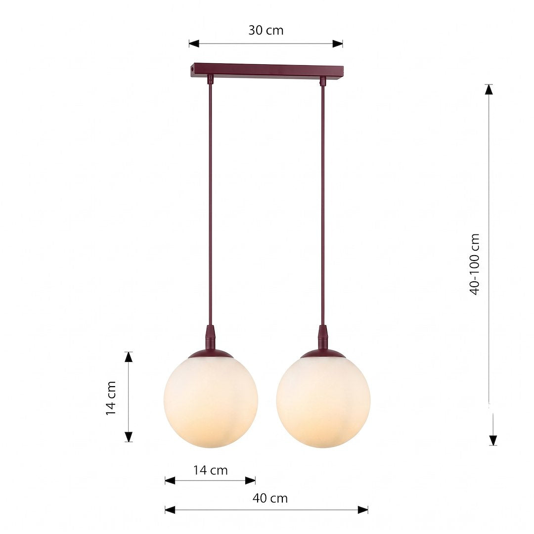 Schéma coté indiquant largeur 30 cm, hauteur réglable 40 à 100 cm et globes 14 cm