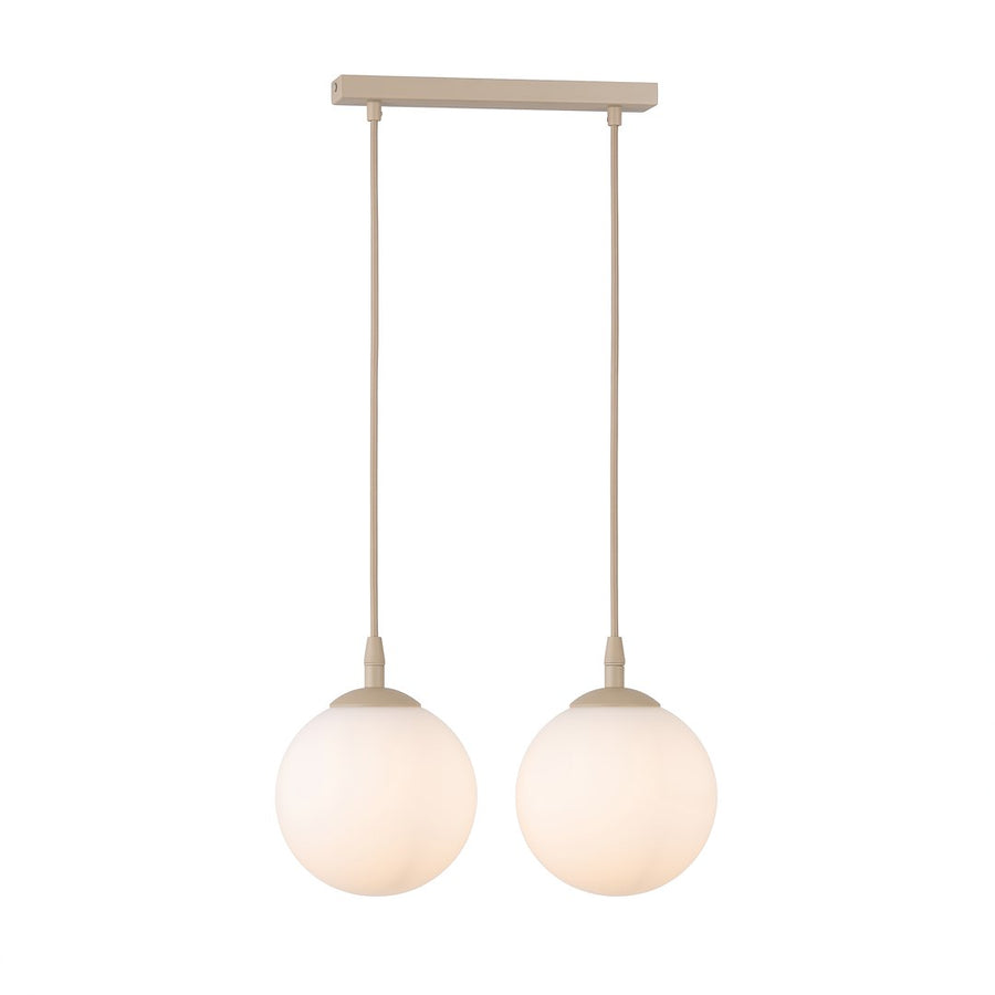 Suspension deux sphères en verre opale blanc et structure métallique beige, vue de face