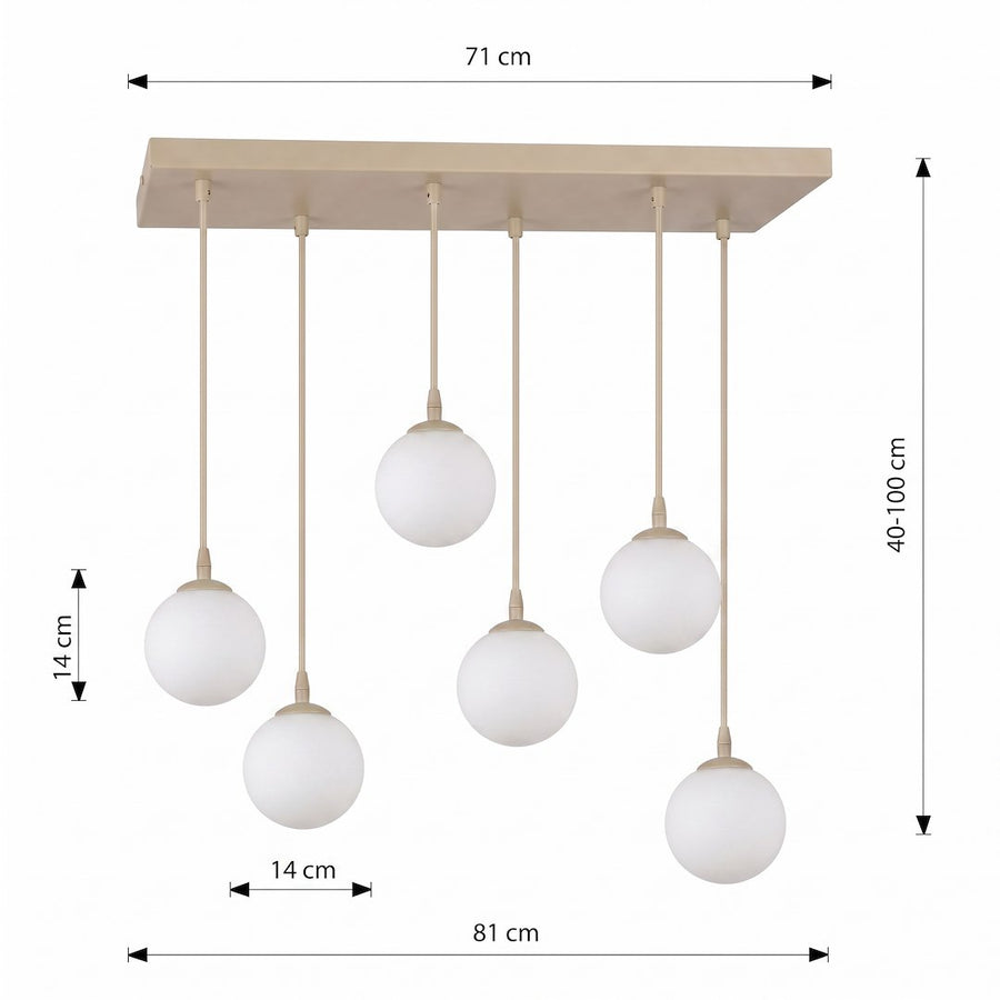 Schéma coté de la suspension : platine 71 cm, globes 14 cm, hauteur réglable