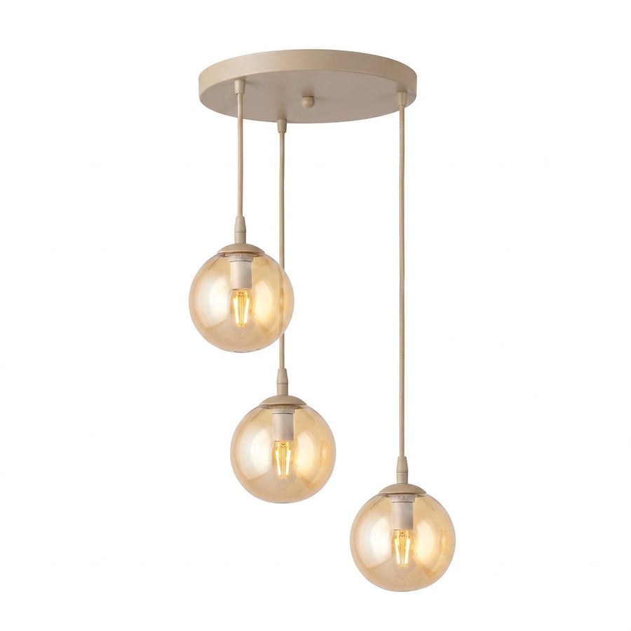 Suspension beige à trois globes de verre ambré, cordons textiles et douilles apparentes