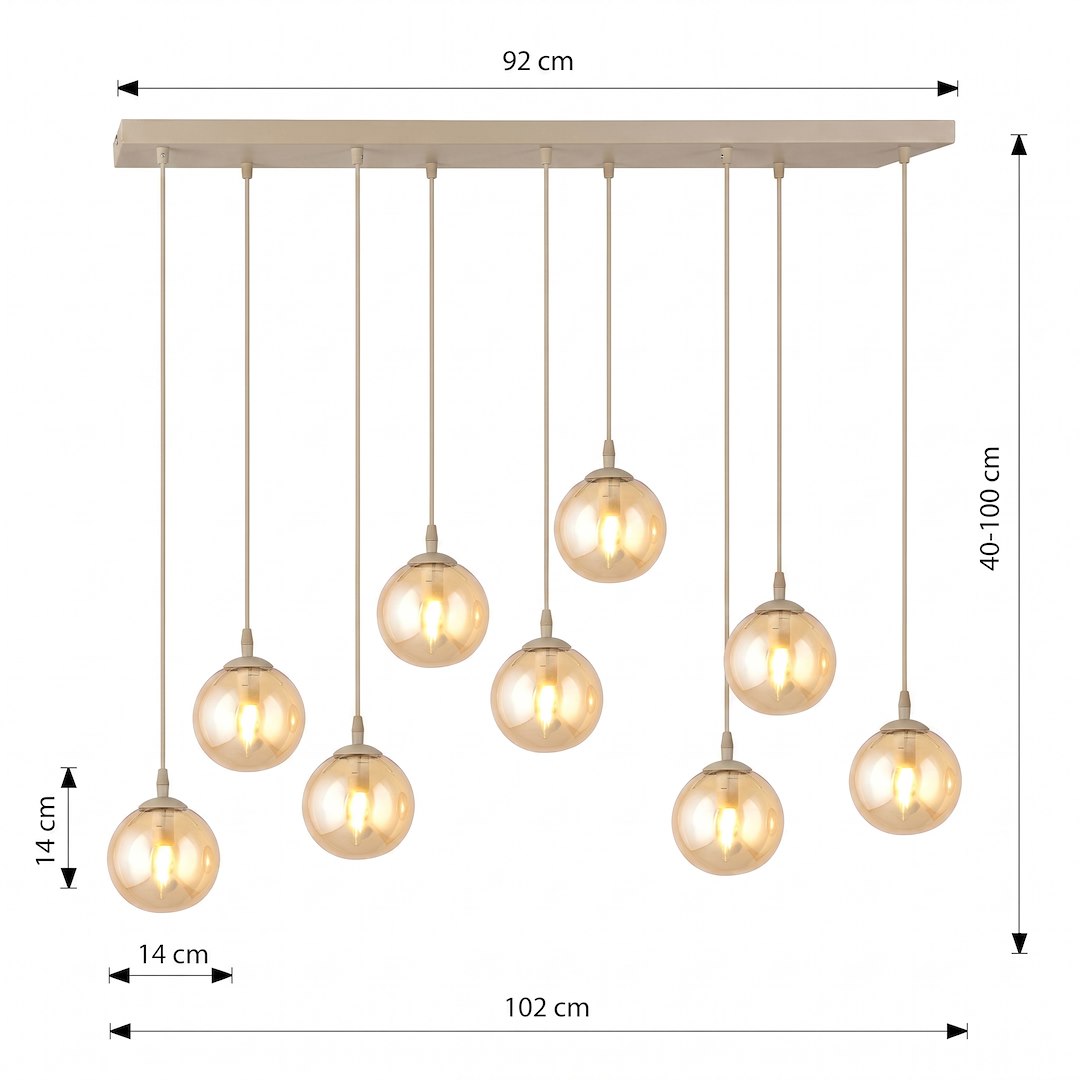 Schéma coté du luminaire : largeur 92 cm, hauteur réglable de 40 à 100 cm