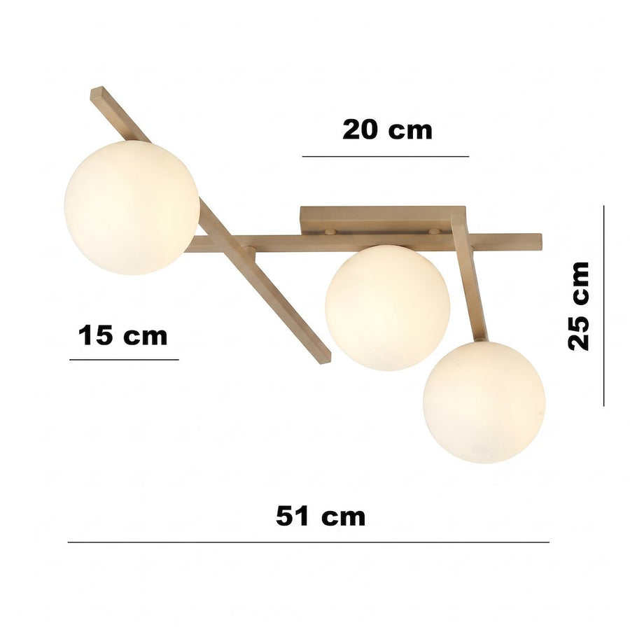Schéma coté du luminaire : largeur 51 cm, hauteur 25 cm, globes 15 cm