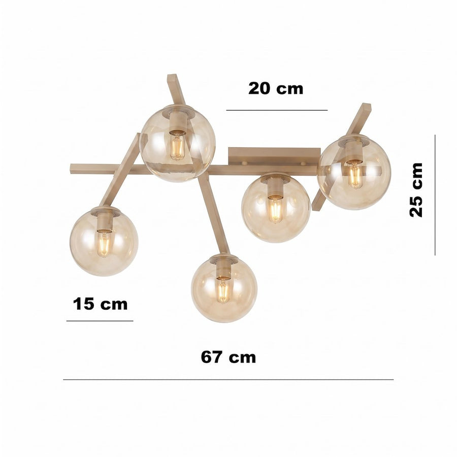 Schéma coté du plafonnier : largeur 67 cm, hauteur 25 cm, base 20 cm.