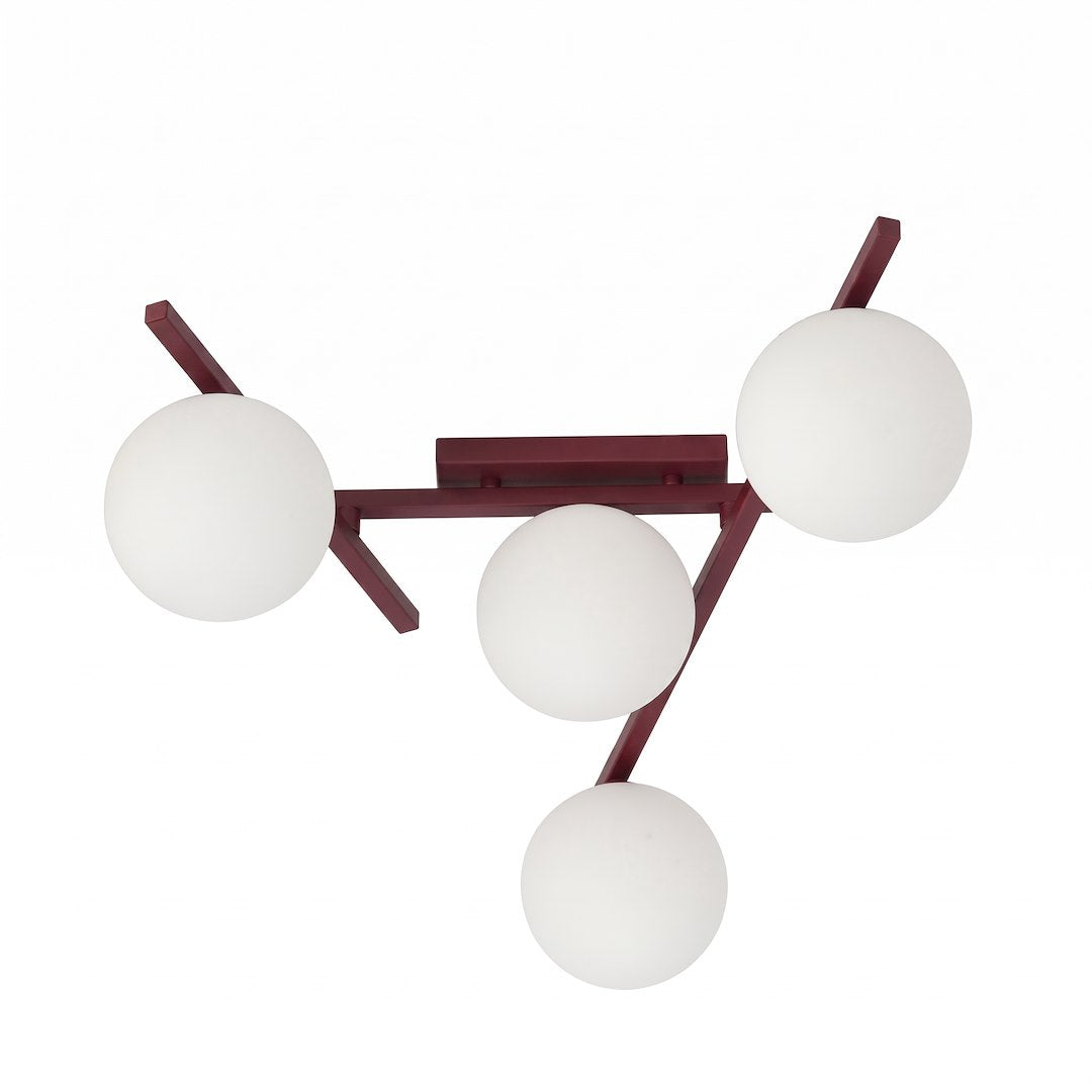 Plafonnier bordeaux à quatre globes blancs, vue de face sur fond blanc.