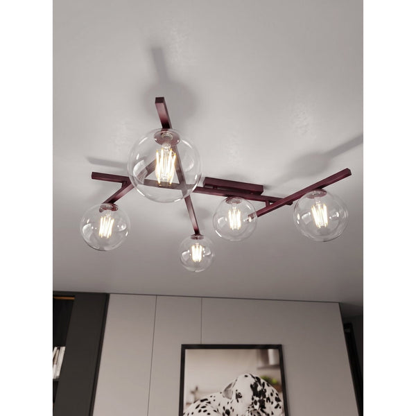 Plafonnier Smart 5 lumières bordeaux, verre transparent