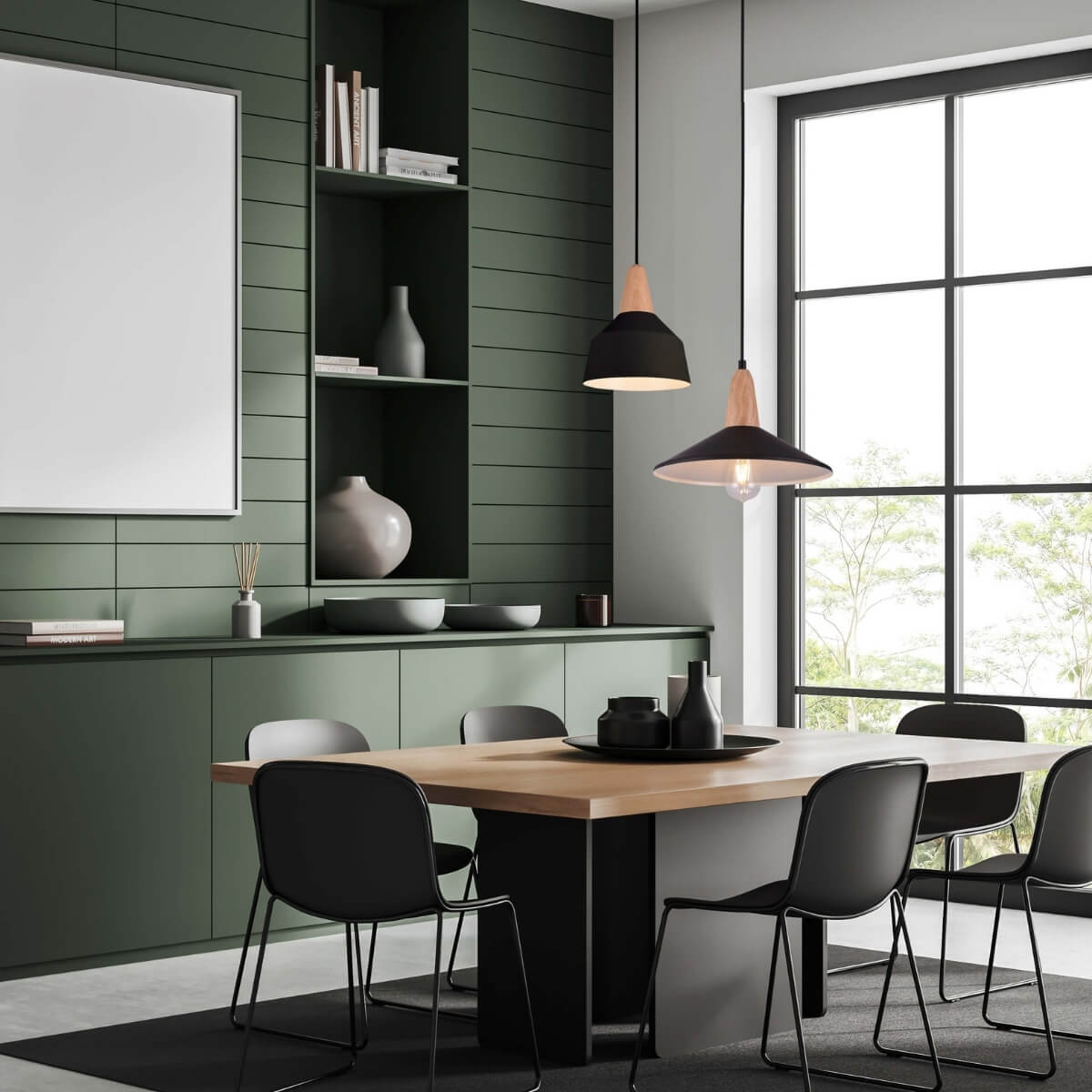 Intérieur vert avec deux suspensions et grande fenêtre, table à manger en bois