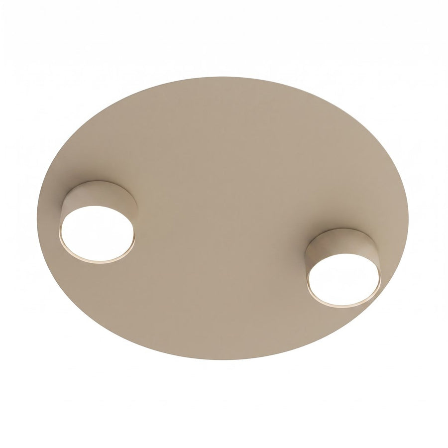 Vue de dessous du plafonnier rond beige équipé de deux spots cylindriques