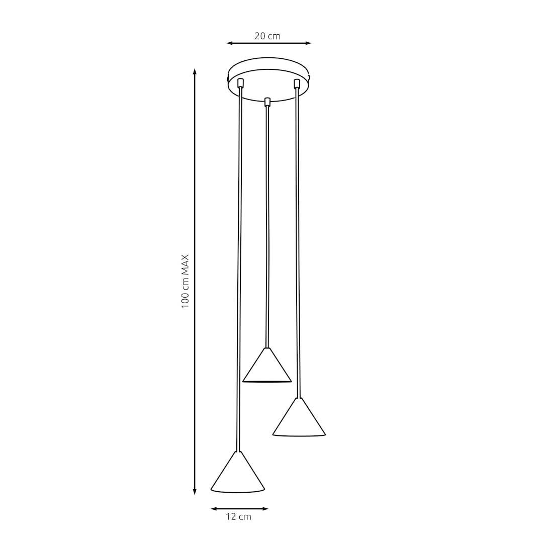 Schéma technique coté : rosace de 20 cm, hauteur maximale de 100 cm, cônes de 12 cm