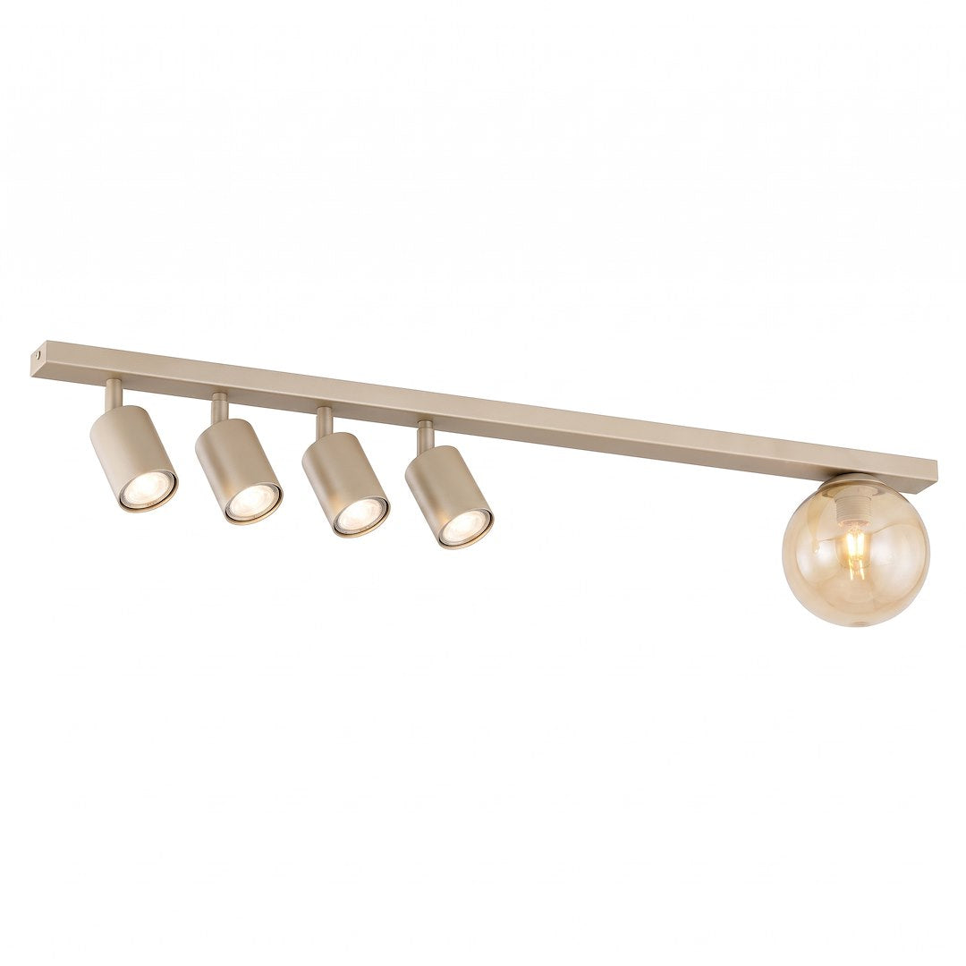 Vue de produit du plafonnier beige à quatre spots orientables et sphère ambrée.