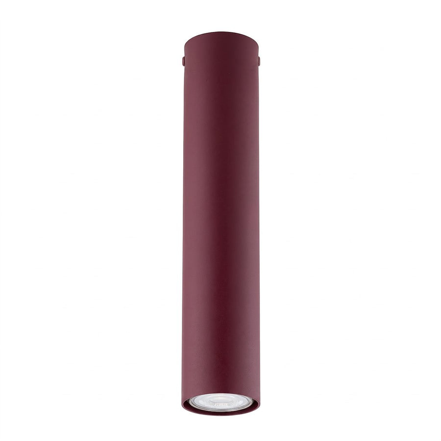 Plafonnier cylindrique lie-de-vin de face sur fond blanc, finition mate