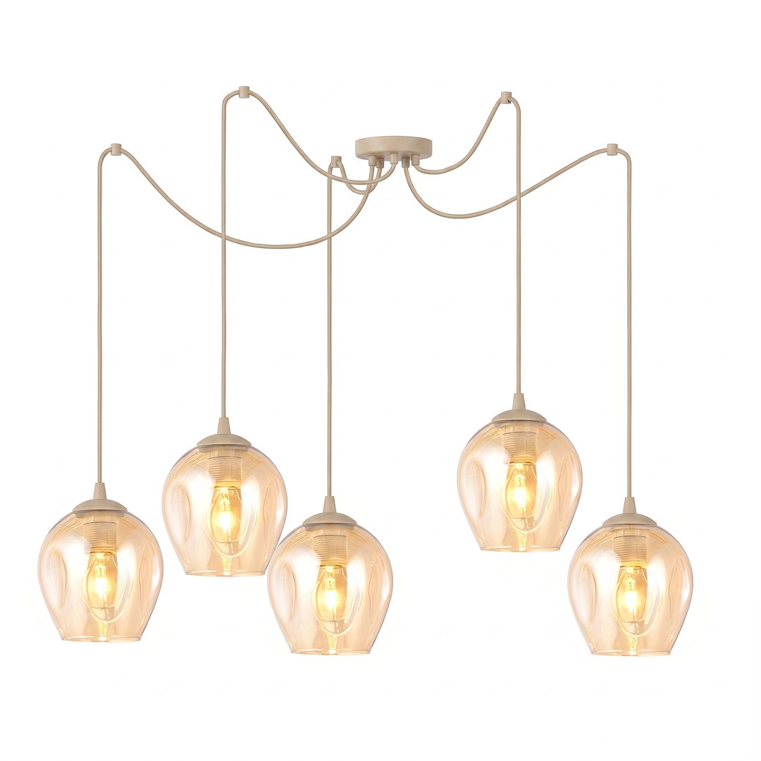 Suspension beige à cinq lumières en verre ambré, vue de face sur fond blanc.