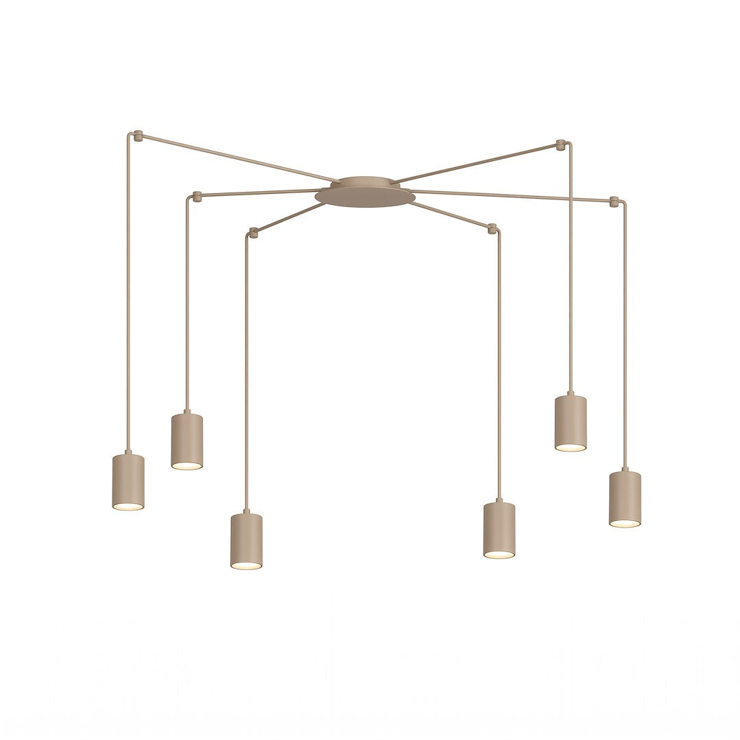 Suspension beige à six cylindres suspendus vue de face sur fond blanc