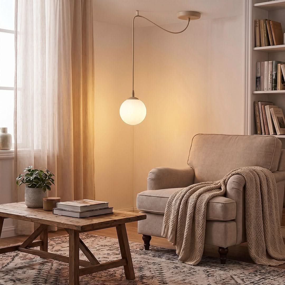 Mise en ambiance, suspension allumée au-dessus d'une table basse près d'un fauteuil.