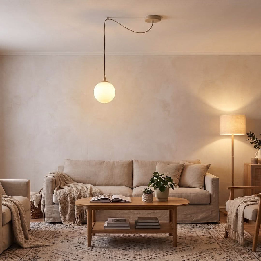 Vue d'ensemble du séjour, luminaire suspendu éclairant canapé beige et table en bois.