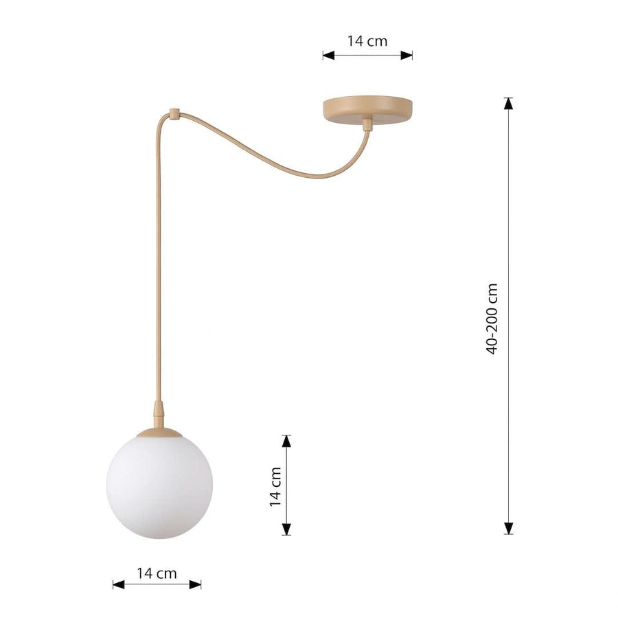 Schéma coté indiquant dimensions du globe, du câble et du socle plafond.