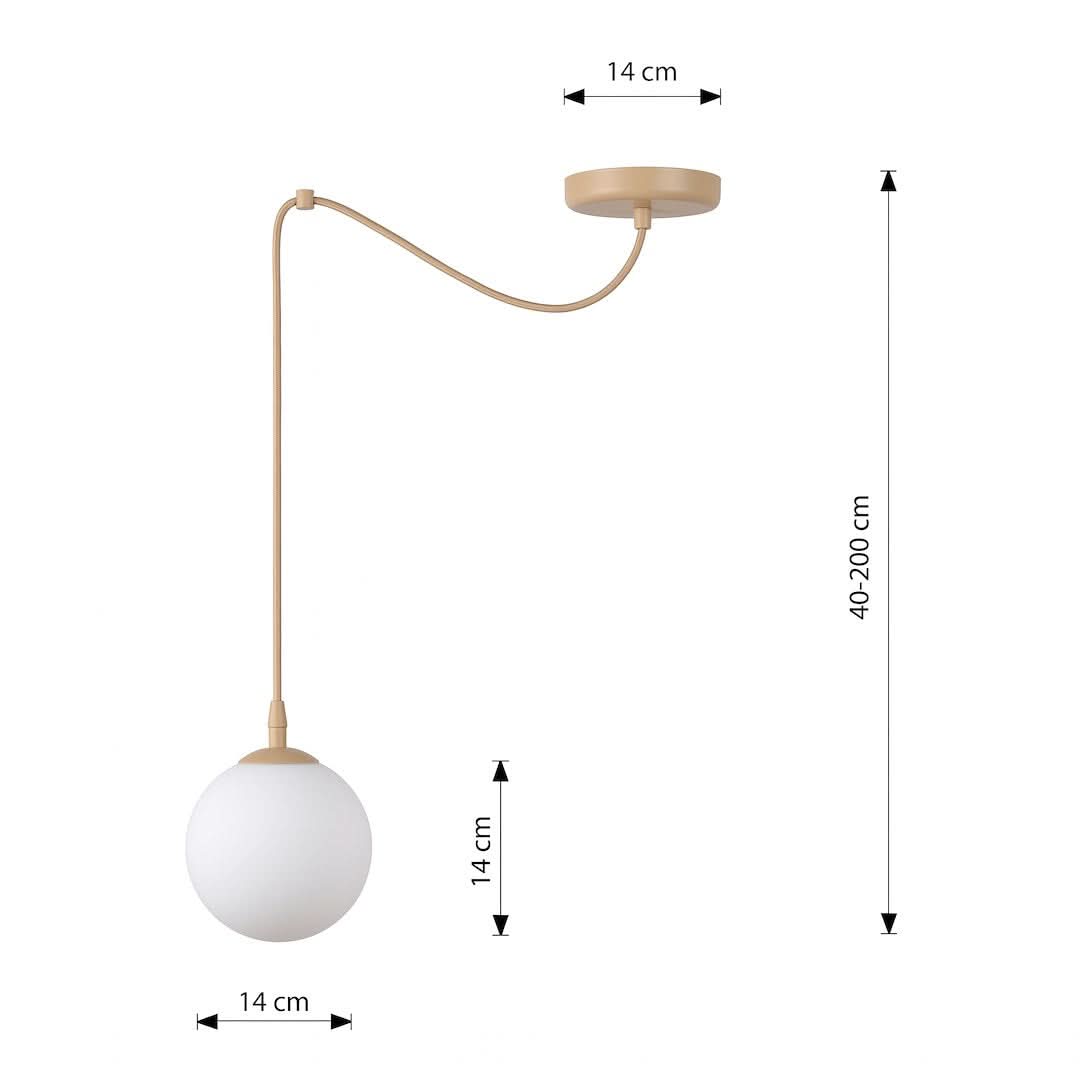 Schéma coté indiquant dimensions du globe, du câble et du socle plafond.