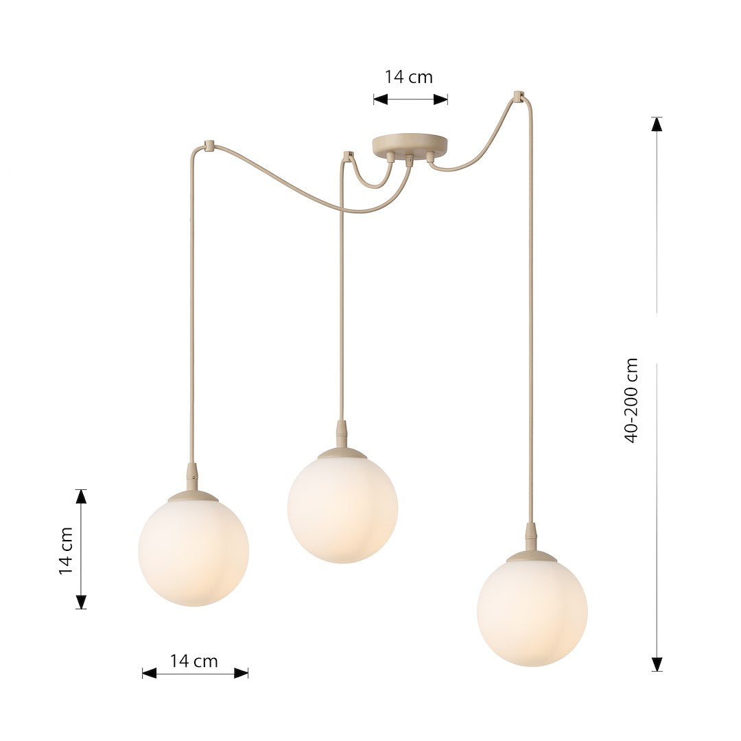 Schéma coté : rosace 14 cm, globes 14 cm, hauteur réglable 40 à 200 cm