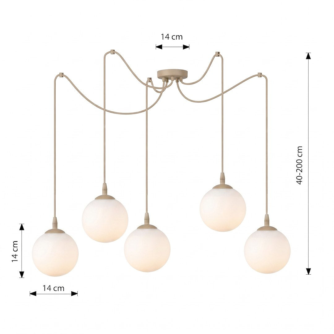 Schéma de dimensions : rosace 14 cm, globes 14 cm, hauteur réglable 40 à 200 cm