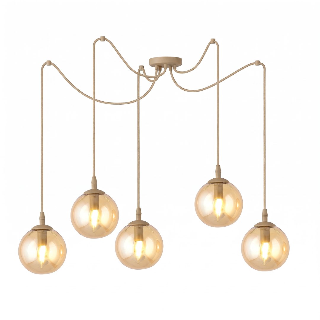Suspension cinq globes de verre ambré suspendus à des câbles beiges, fond blanc