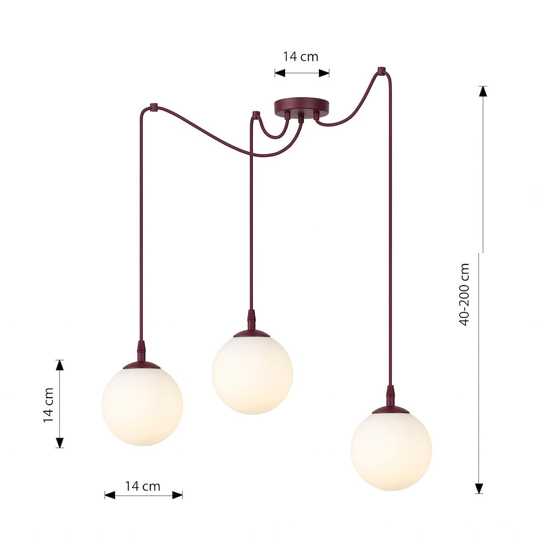 Schéma coté du luminaire : rosace 14 cm, globes 14 cm, hauteur réglable 40 à 200 cm