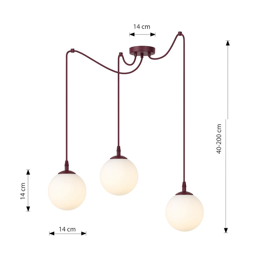 Schéma coté du luminaire : rosace 14 cm, globes 14 cm, hauteur réglable 40 à 200 cm