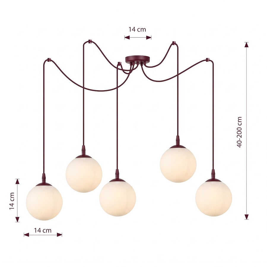 Schéma coté du luminaire : diamètre des globes, rosace et hauteur de câble réglable.