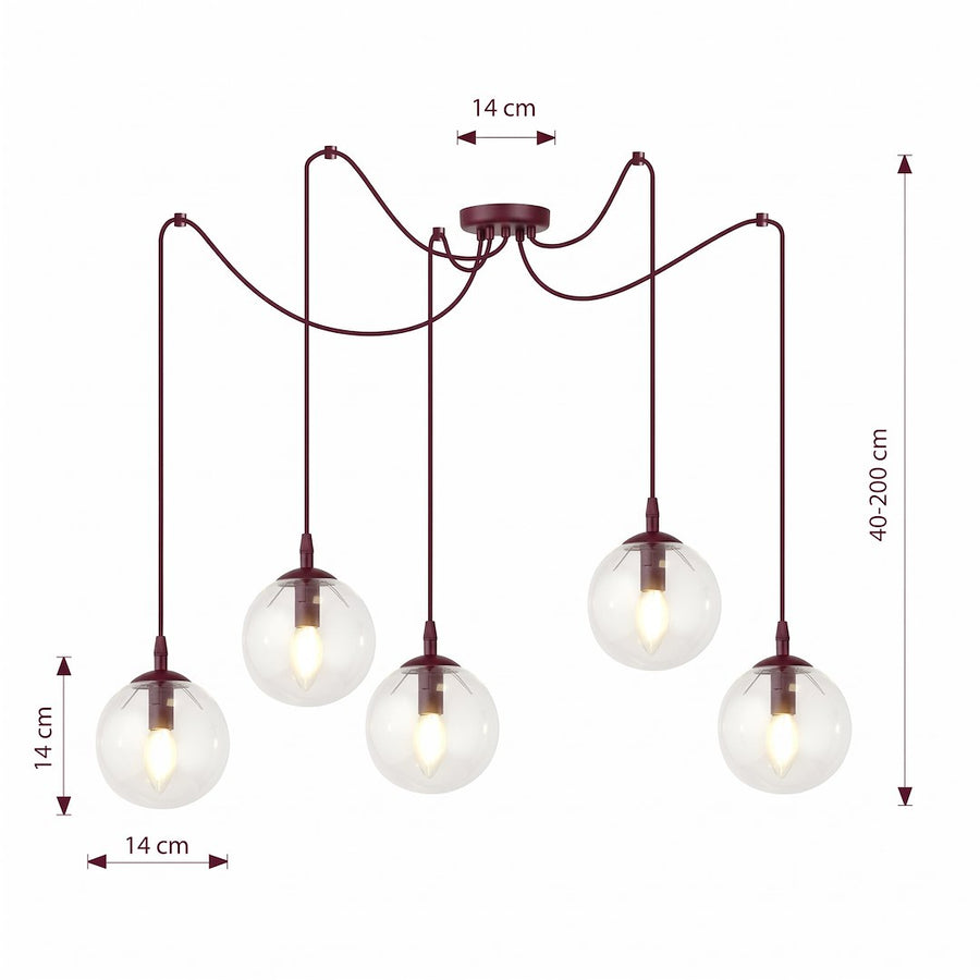 Schéma de dimensions, hauteur réglable de 40 à 200 cm, globes de 14 cm