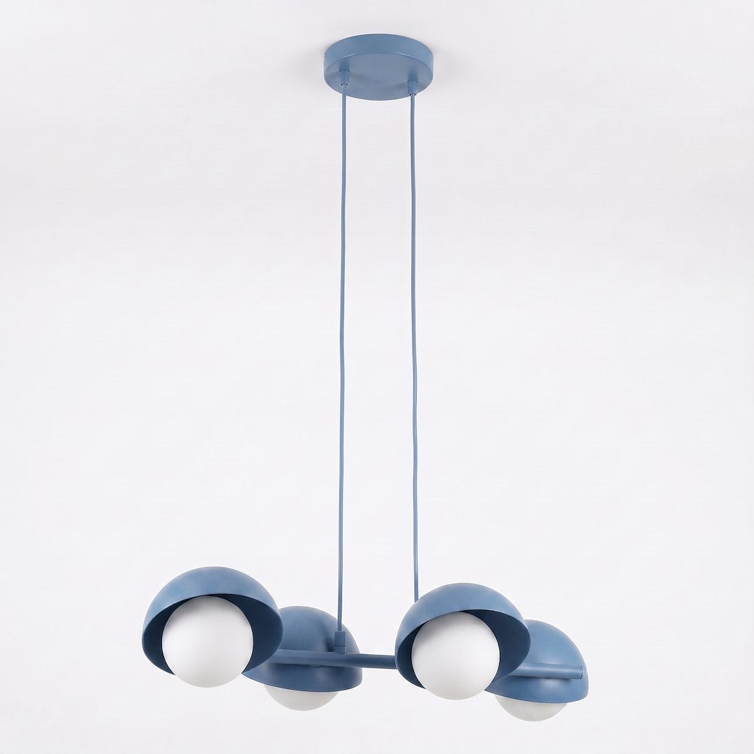 Suspension Boom 4 lumières bleue, verre blanc