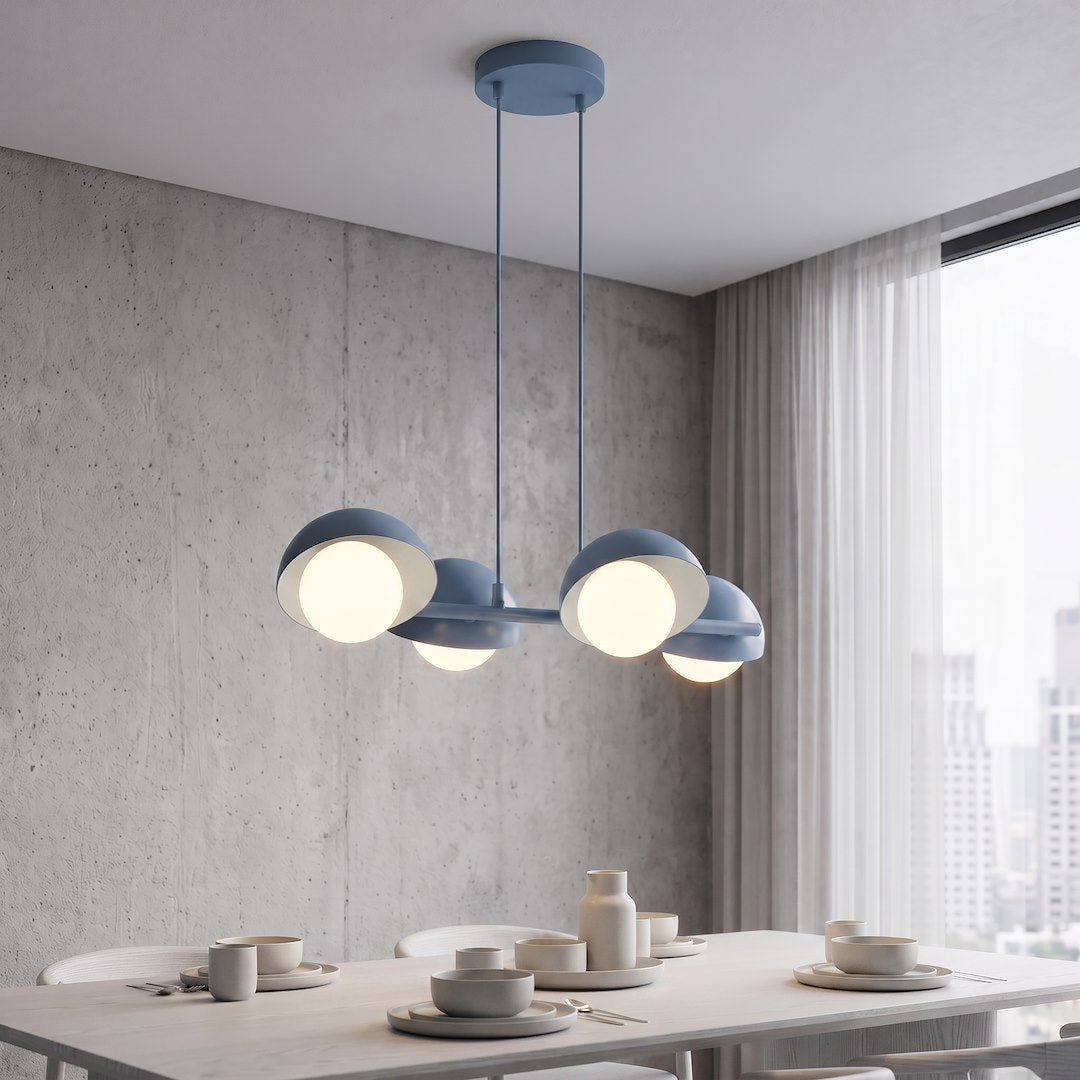 Suspension Boom 4 lumières bleue, verre blanc