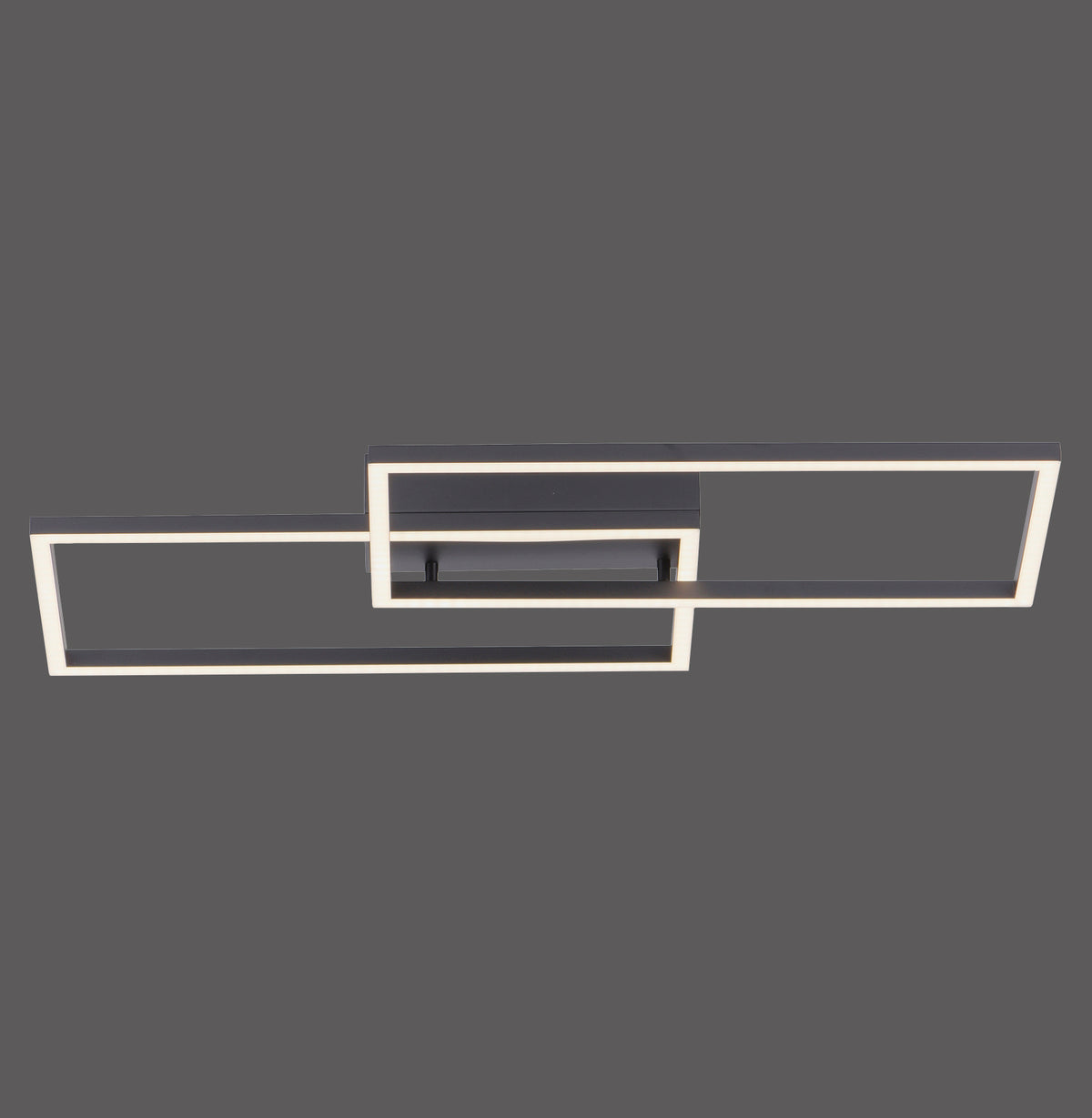 Vue de face du plafonnier noir à deux cadres rectangulaires superposés, éclairage LED allumé.