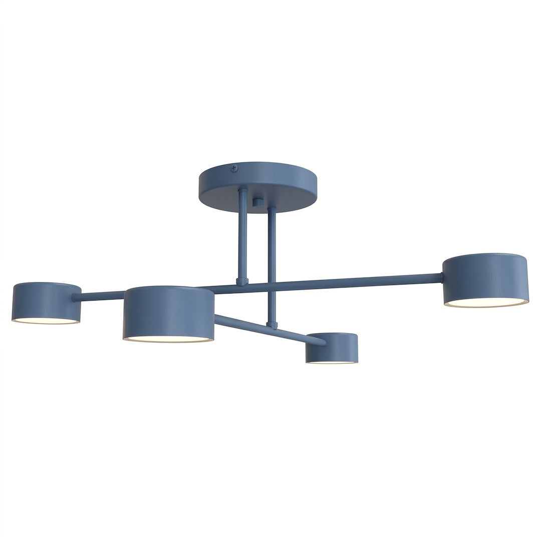 Vue de produit sur fond blanc, plafonnier bleu à quatre lumières vu de face