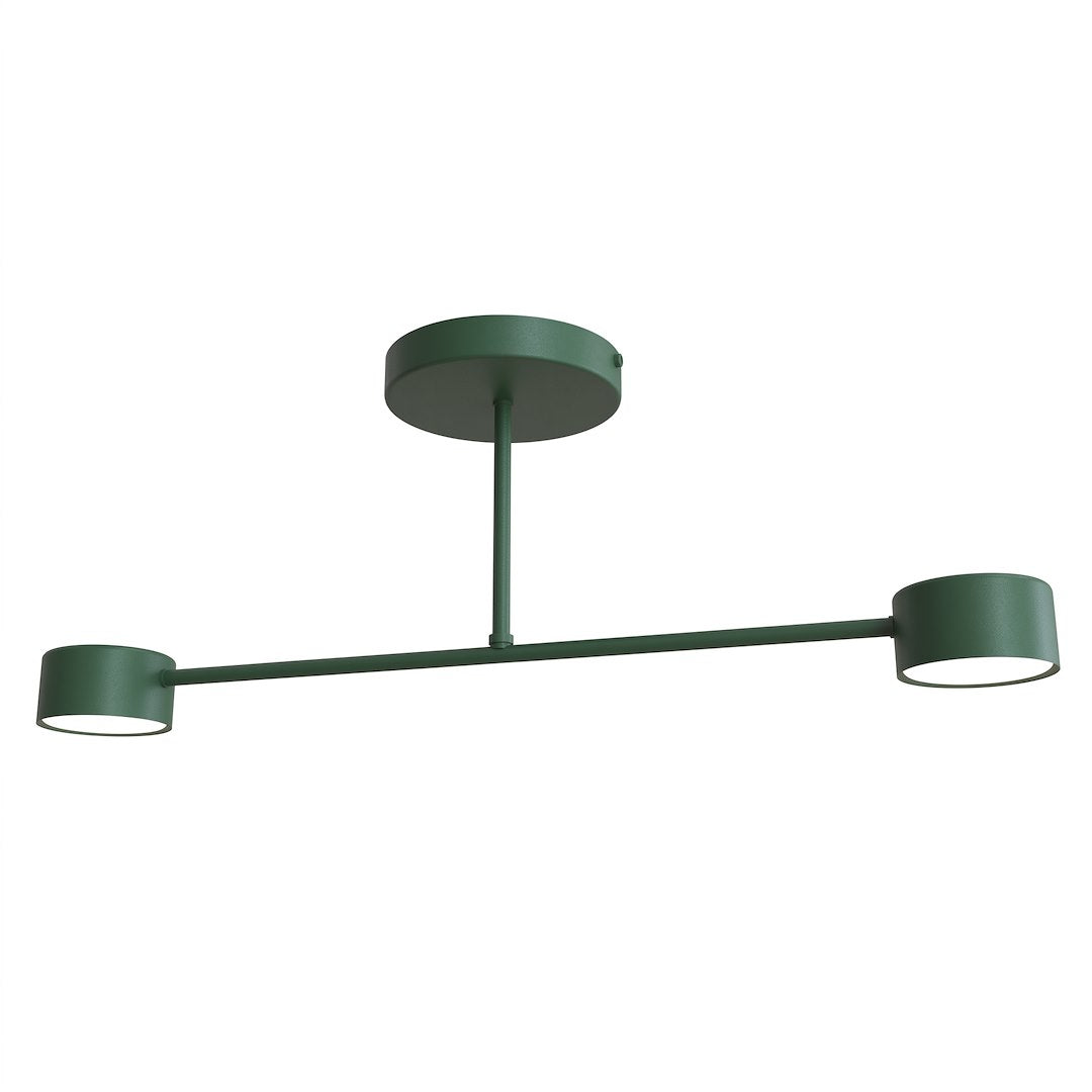 Luminaire vert de face sur fond blanc, bras horizontal et deux diffuseurs cylindriques.