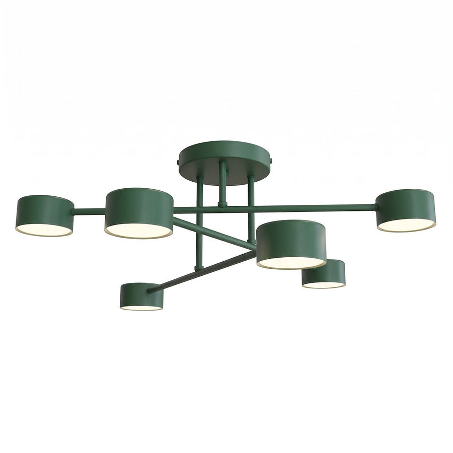 Plafonnier vert à six abat-jours cylindriques sur bras fins, vue produit de face sur fond blanc.