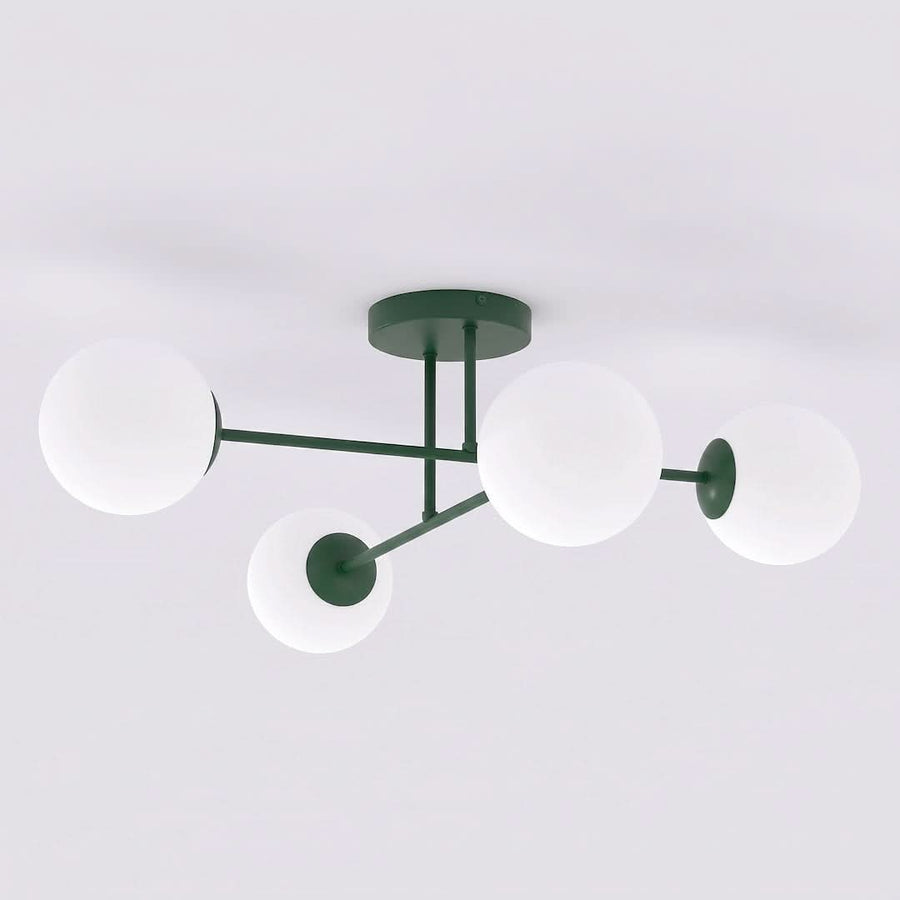 Produit isolé sur fond blanc, quatre globes opalines et structure vert mat