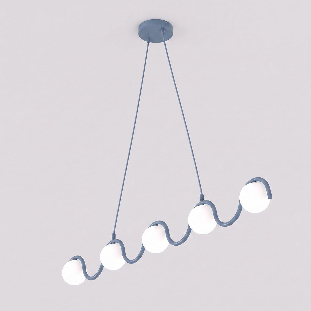 Vue produit de trois quarts, structure ondulée bleue et cinq globes de verre blanc
