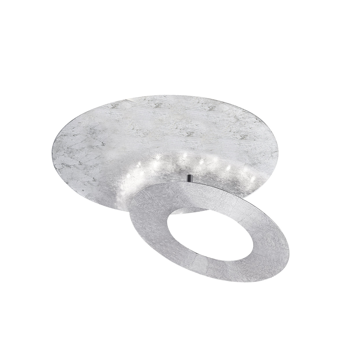 Luminaire vu de trois quarts sur fond blanc, anneau excentré et leds allumées