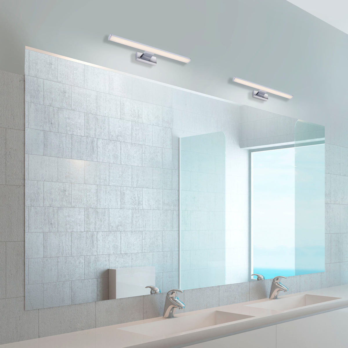 Mise en ambiance salle de bain, deux appliques linéaires fixées au-dessus d'un miroir