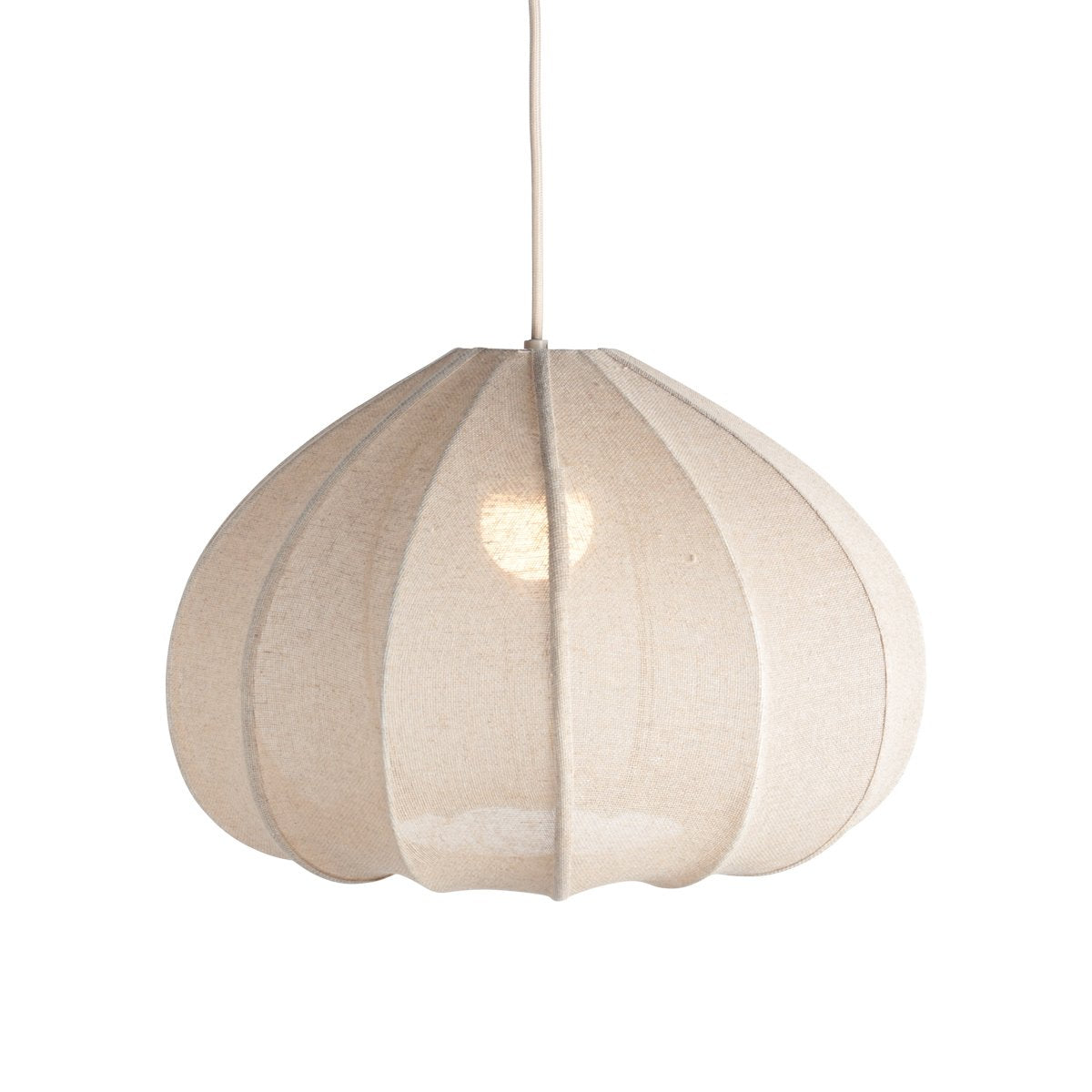 Suspension crème en tissu tendu, vue de face avec ampoule allumée