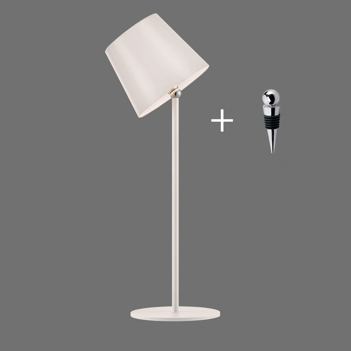 Lampe à poser blanche inclinable avec bouchon de bouteille magnétique en accessoire.
