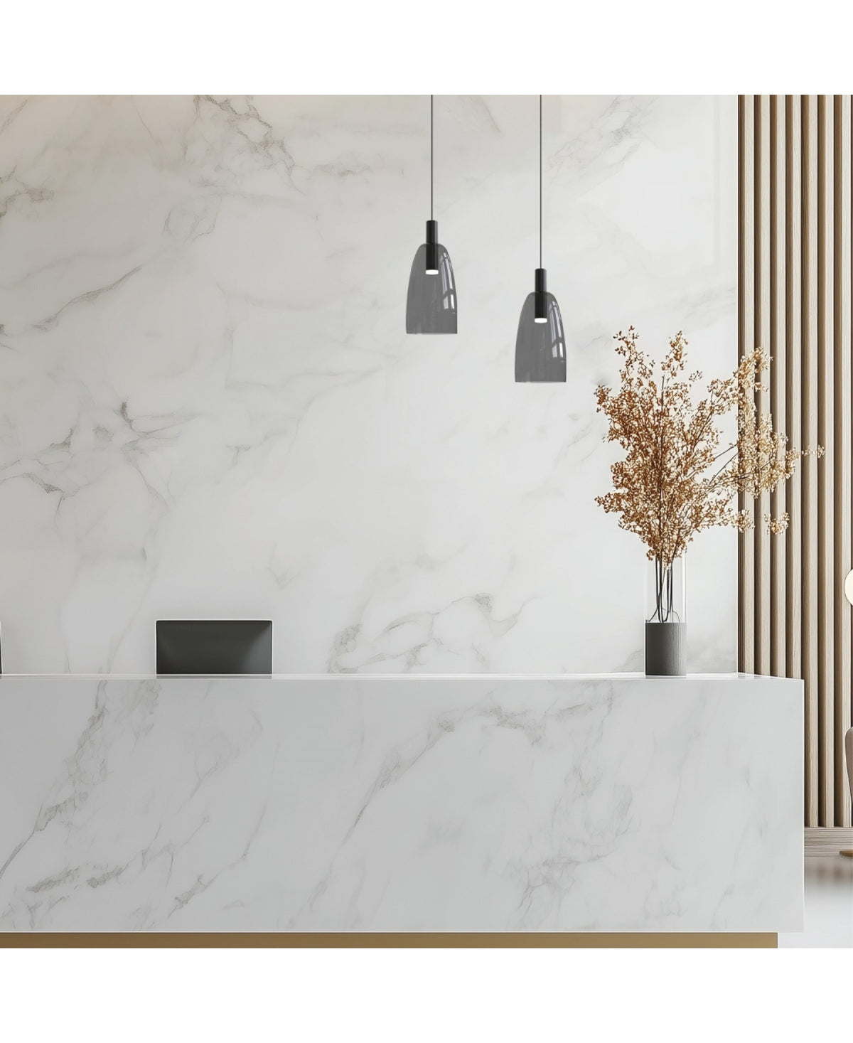 Vue large du comptoir d'accueil avec les deux luminaires suspendus et un vase