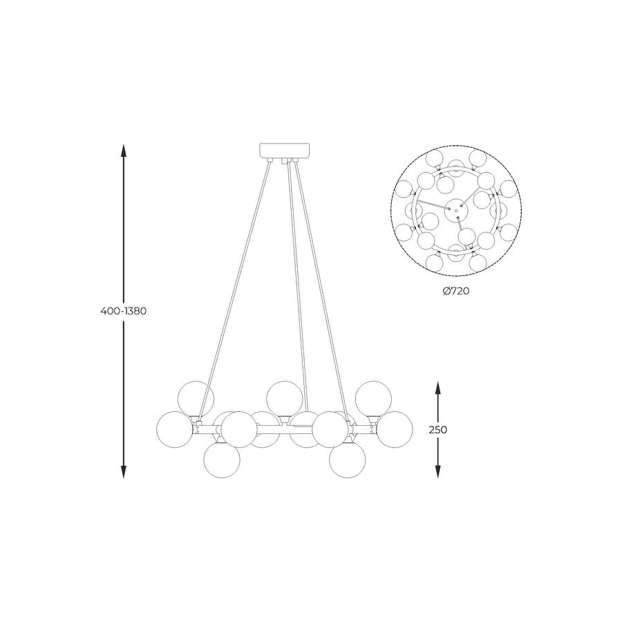 Schéma coté du luminaire avec hauteur réglable et diamètre de l'anneau.