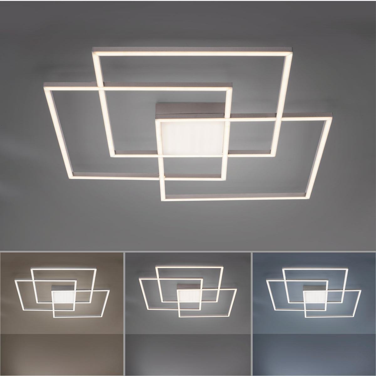 Plafonnier rectangulaire blanc présenté avec trois températures de couleur différentes.