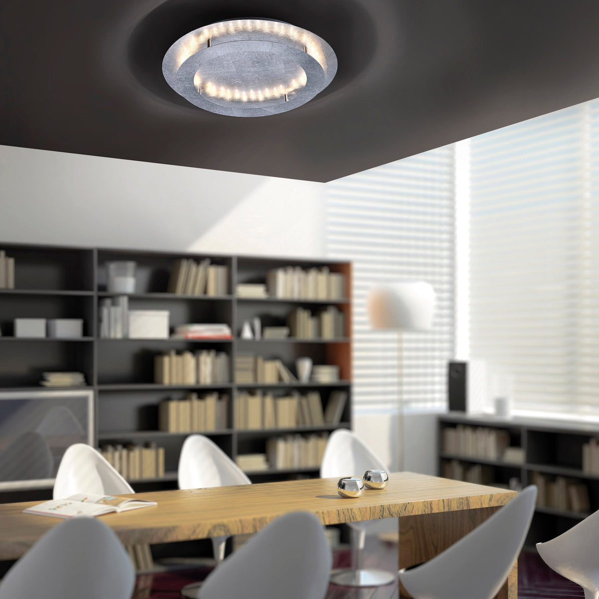Mise en ambiance du plafonnier fixé au plafond d'une salle à manger contemporaine