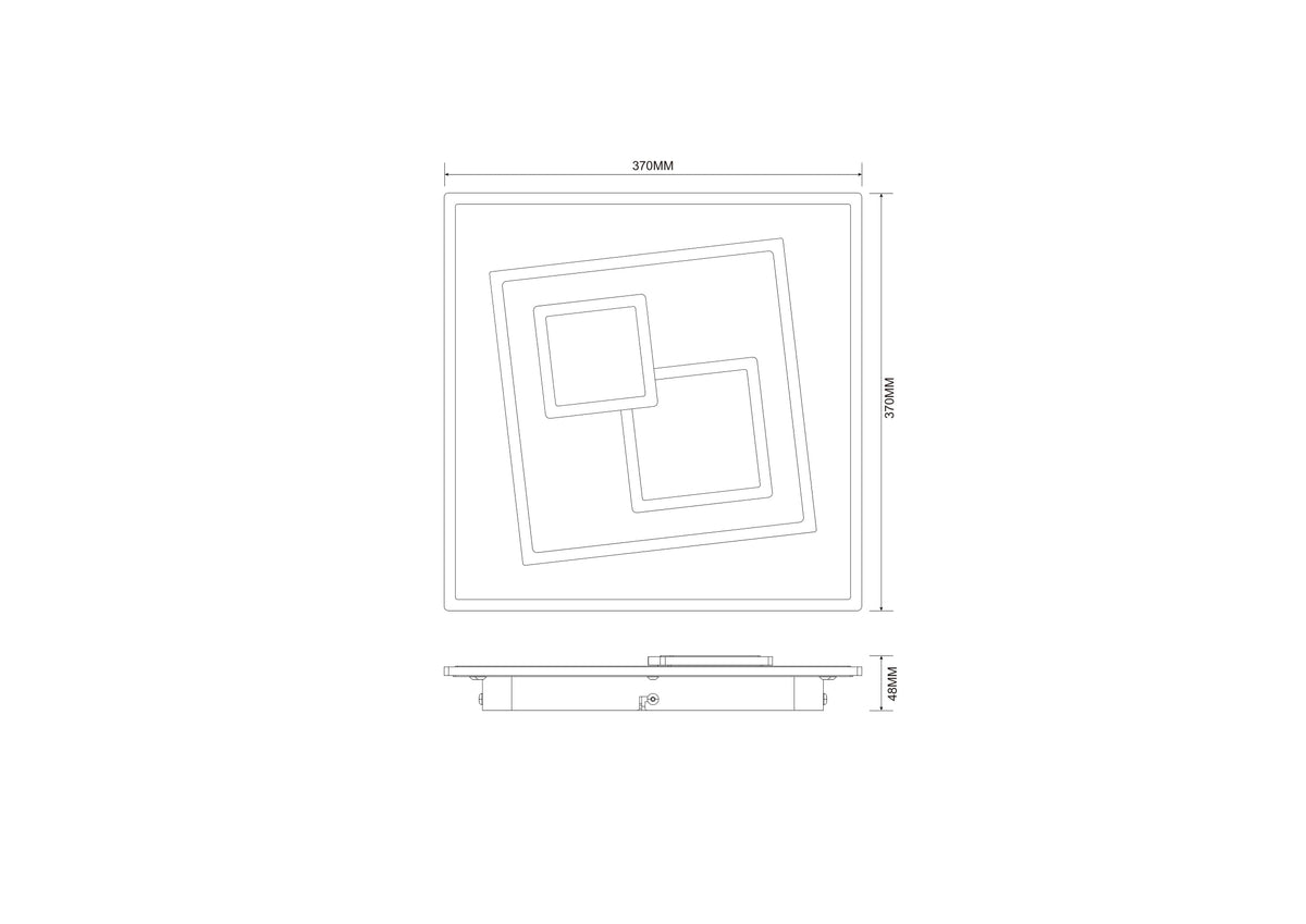 Schéma technique coté du plafonnier carré 370 mm par 370 mm et 48 mm