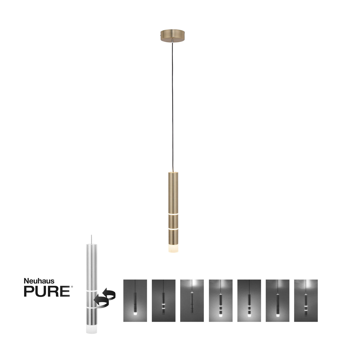 Vue technique du luminaire suspendu avec segment rotatif central et sept réglages d’éclairage illustrés